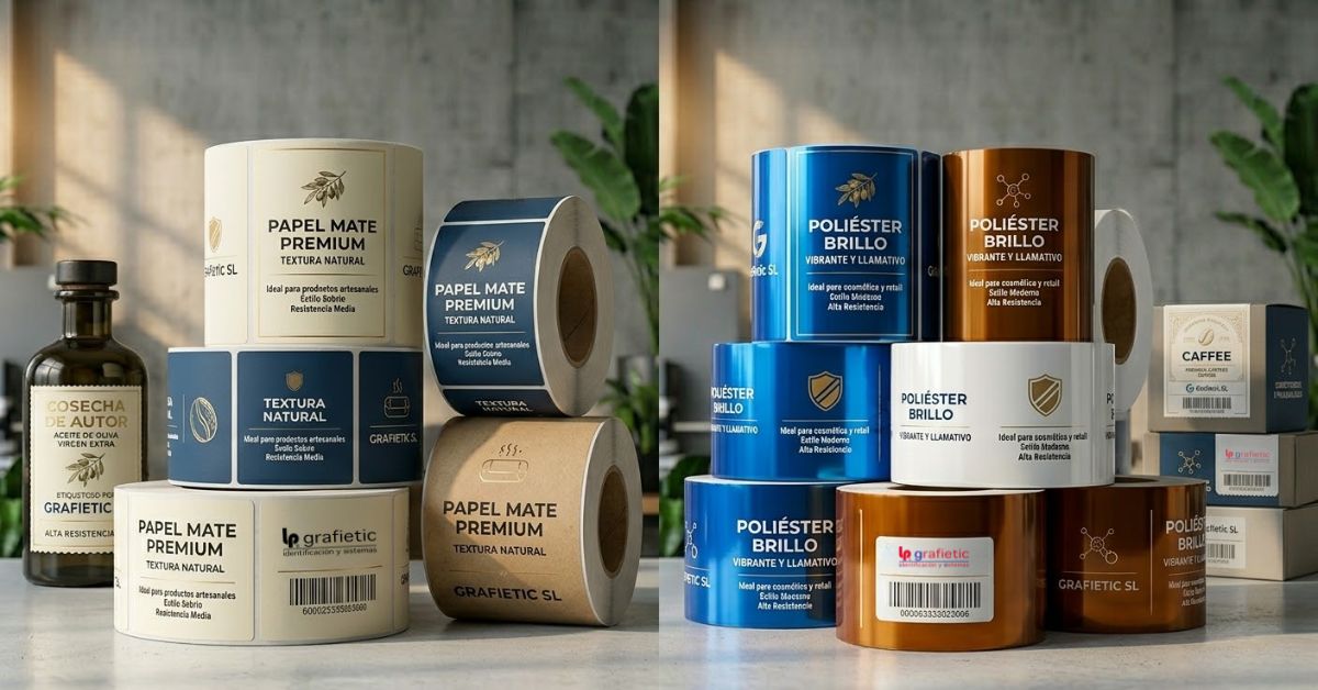 Comparativa de rollo de etiqueta mate y etiqueta brillante para producto gourmet y packaging de lujo